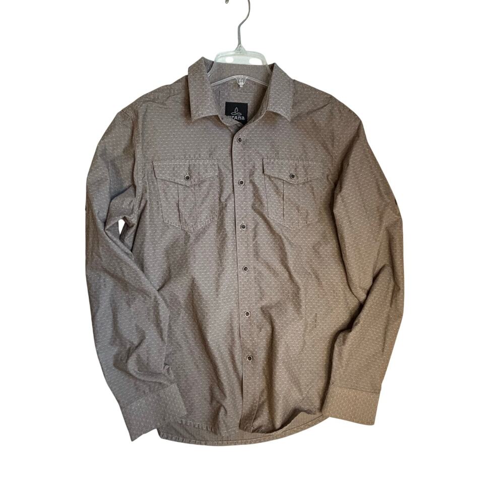 Prana Ascension Shirt Mens Small Brown Geometric Roll Sleeve